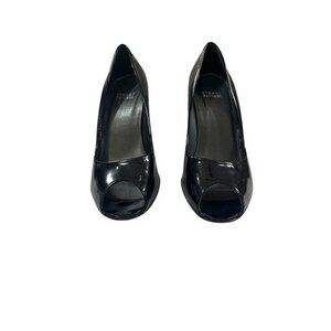 Stuart Weitzman Peep Toe Block Heel Size 8.5 M Black Patent Leather